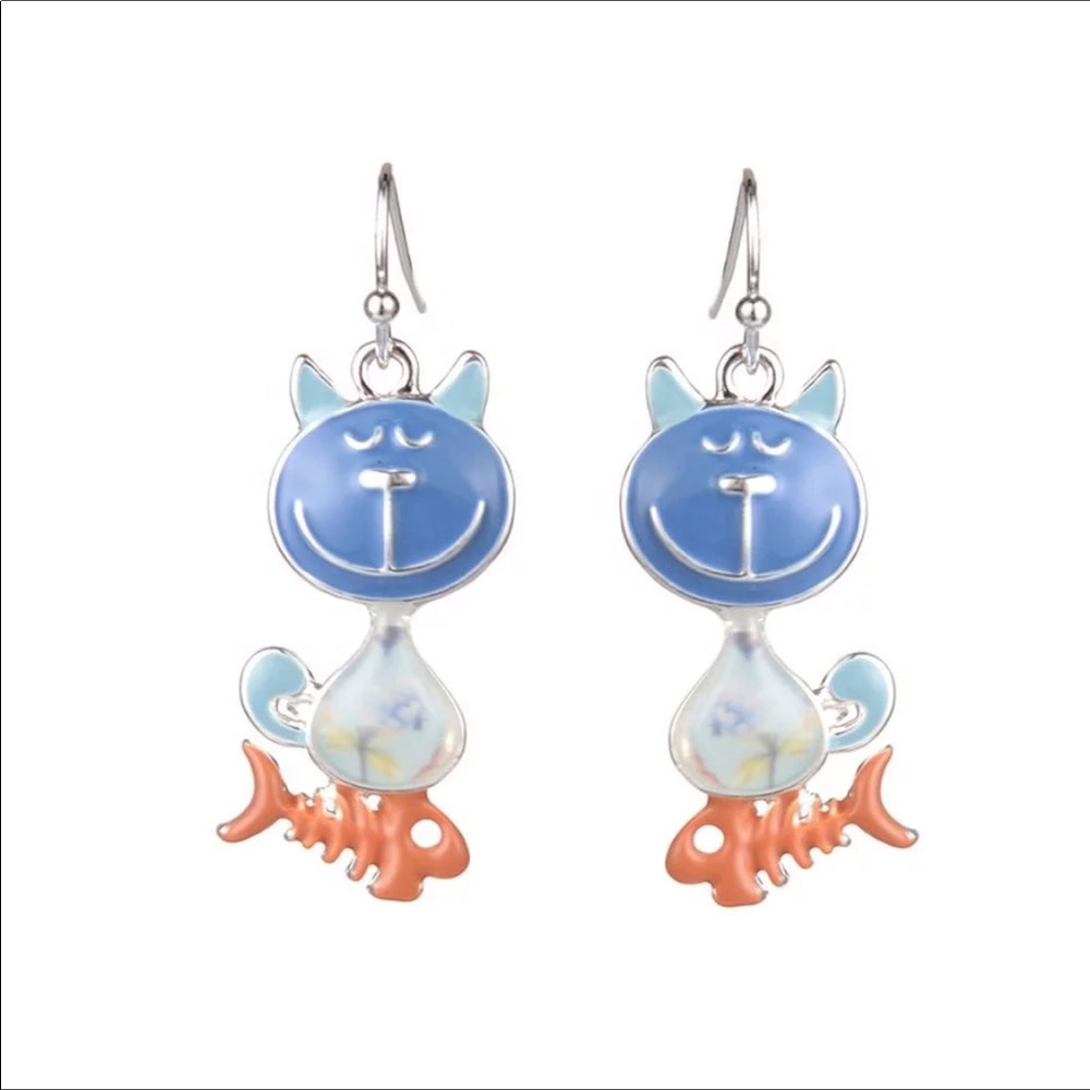 Cute Enamel Cartoon Cat Handmade Drop Earrings